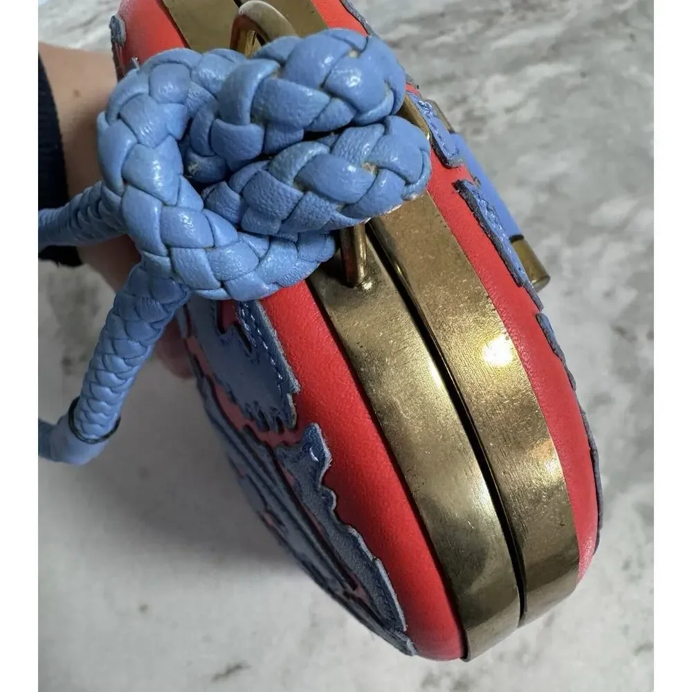 Tory Burch Blue Red Leather Dome Clutch Mini Handbag - Picture 12 of 13